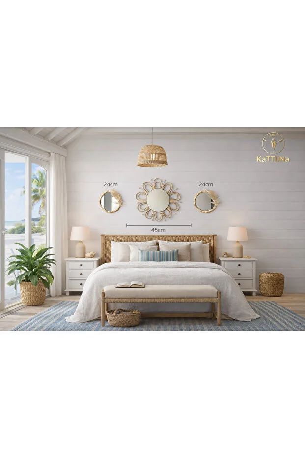 Hasır Örgü Papatya Ve Boncuk Ayna Duvar Dekorasyon Ürünü 3’lü Set